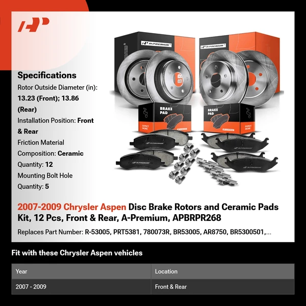 2007-2009 Chrysler Aspen Disc Brake Rotors and Ceramic Pads Kit, 12 Pcs, Front & Rear, A-Premium, APBRPR268