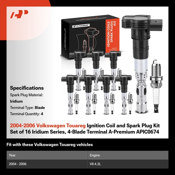 2004-2006 Volkswagen Touareg Ignition Coil and Spark Plug Kit Set of 16 Iridium Series, 4-Blade Terminal A-Premium APIC0674