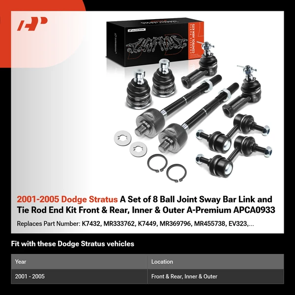 2001-2005 Dodge Stratus A Set of 8 Ball Joint Sway Bar Link and Tie Rod End Kit Front & Rear, Inner & Outer A-Premium APCA0933