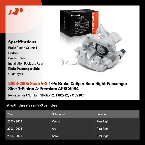 2003-2005 Saab 9-3 1-Pc Brake Caliper Rear Right Passenger Side 1-Piston A-Premium APBC4094