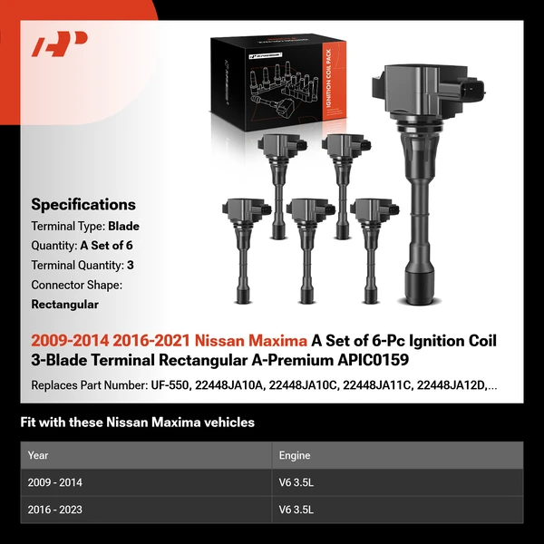 2009-2014 2016-2021 Nissan Maxima A Set of 6-Pc Ignition Coil 3-Blade Terminal Rectangular A-Premium APIC0159
