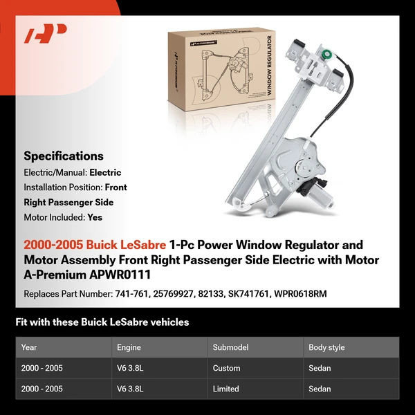 2000-2005 Buick LeSabre 1-Pc Power Window Regulator and Motor Assembly Front Right Passenger Side Electric with Motor A-Premium APWR0111