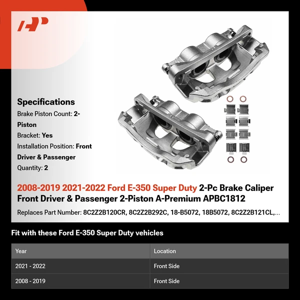 2008-2019 2021-2022 Ford E-350 Super Duty 2-Pc Brake Caliper Front Driver & Passenger 2-Piston A-Premium APBC1812