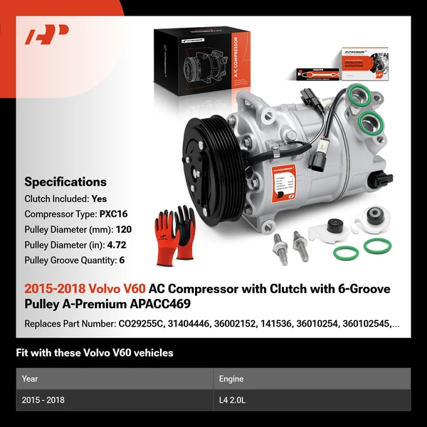 2015-2018 Volvo V60 AC Compressor with Clutch with 6-Groove Pulley A-Premium APACC469