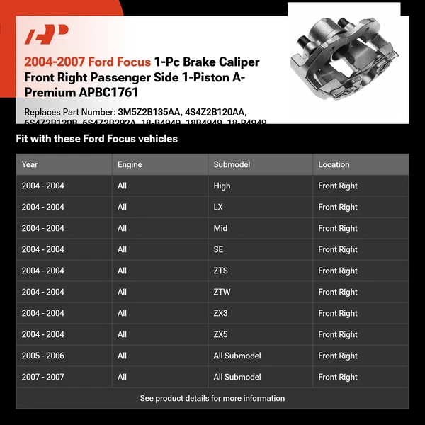 2004-2007 Ford Focus 1-Pc Brake Caliper Front Right Passenger Side 1-Piston A-Premium APBC1761