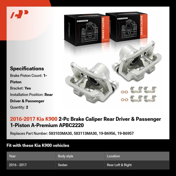 2016-2017 Kia K900 2-Pc Brake Caliper Rear Driver & Passenger 1-Piston A-Premium APBC2220
