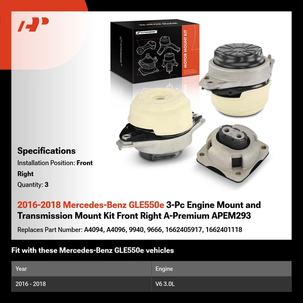 2016-2018 Mercedes-Benz GLE550e 3-Pc Engine Mount and Transmission Mount Kit Front Right A-Premium APEM293