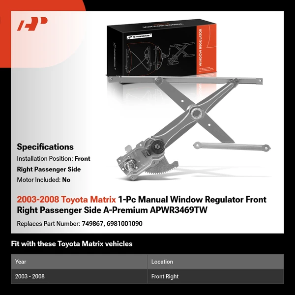 2003-2008 Toyota Matrix 1-Pc Manual Window Regulator Front Right Passenger Side A-Premium APWR3469TW