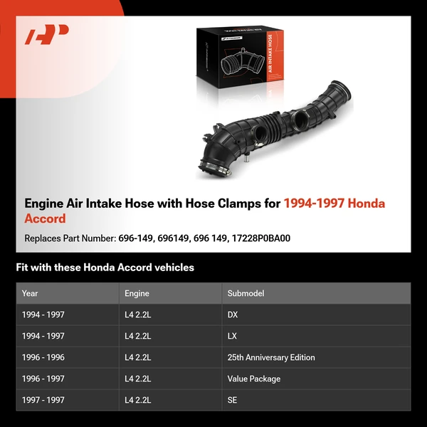 Engine Air Intake Hose with Hose Clamps for 1994-1997 Honda Accord