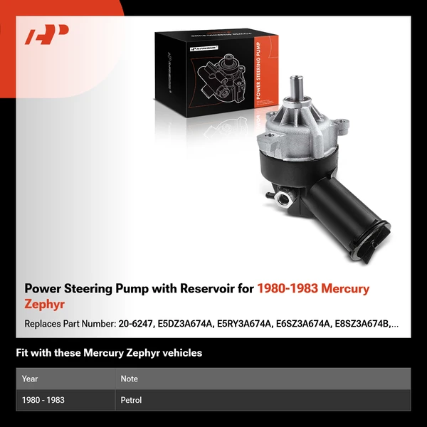 Power Steering Pump with Reservoir for 1980-1983 Mercury Zephyr