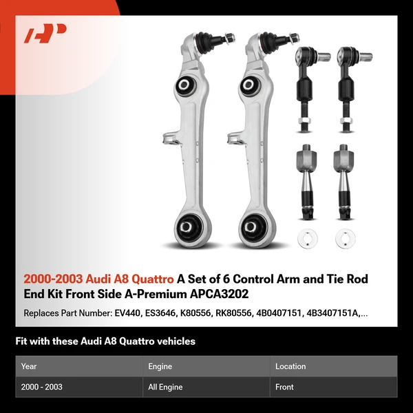 2000-2003 Audi A8 Quattro A Set of 6 Control Arm and Tie Rod End Kit Front Side A-Premium APCA3202