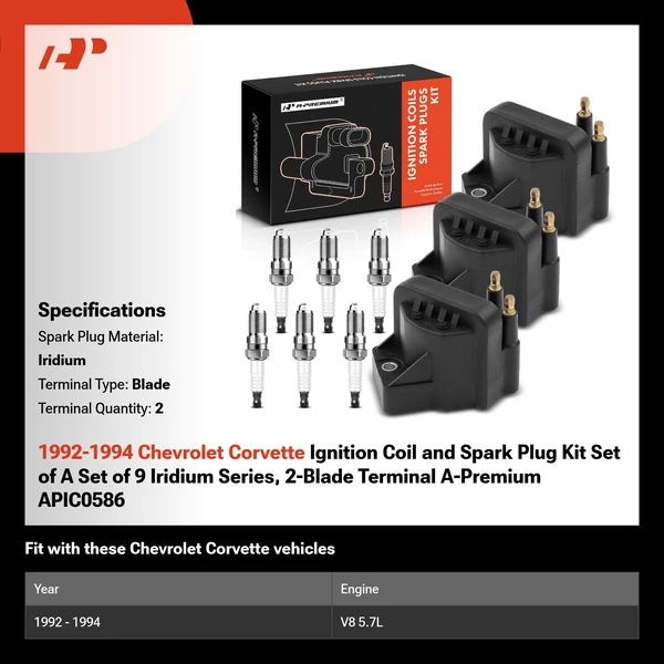 1992-1994 Chevrolet Corvette Ignition Coil and Spark Plug Kit Set of A Set of 9 Iridium Series, 2-Blade Terminal A-Premium APIC0586