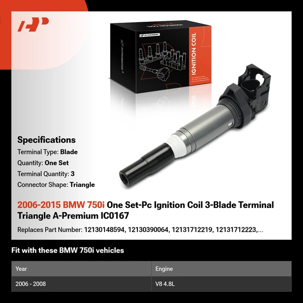 2006-2015 BMW 750i One Set-Pc Ignition Coil 3-Blade Terminal Triangle A-Premium IC0167