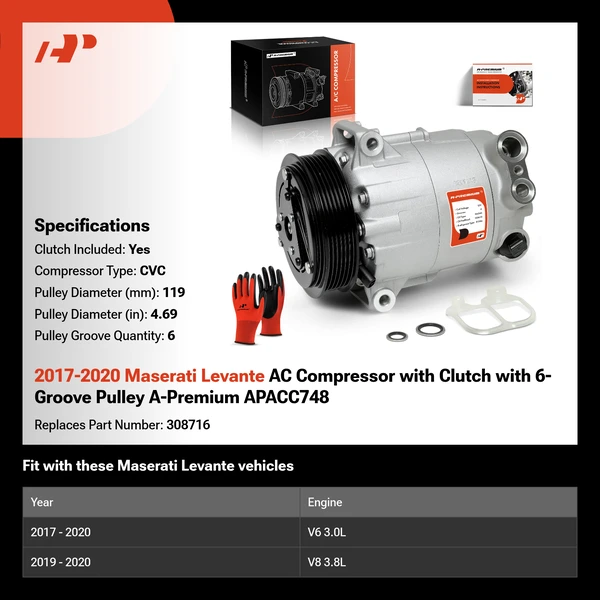 2017-2020 Maserati Levante AC Compressor with Clutch with 6-Groove Pulley A-Premium APACC748
