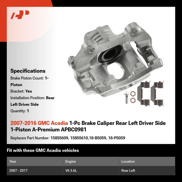 2007-2016 GMC Acadia 1-Pc Brake Caliper Rear Left Driver Side 1-Piston A-Premium APBC0981