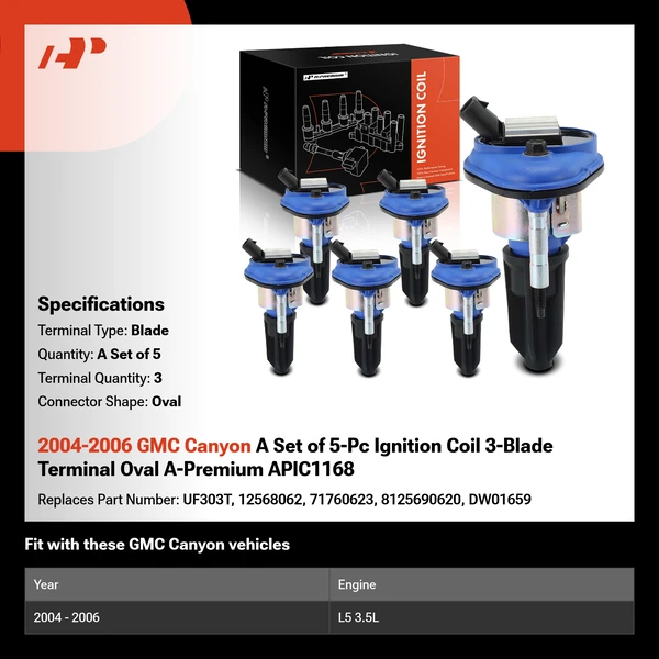 2004-2006 GMC Canyon A Set of 5-Pc Ignition Coil 3-Blade Terminal Oval A-Premium APIC1168