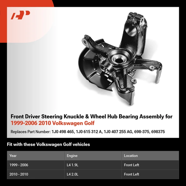 Front Driver Steering Knuckle & Wheel Hub Bearing Assembly for 1999-2006 2010 Volkswagen Golf