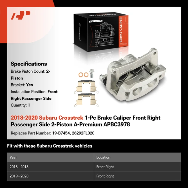 2018-2020 Subaru Crosstrek 1-Pc Brake Caliper Front Right Passenger Side 2-Piston A-Premium APBC3978