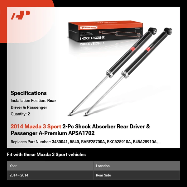 2014 Mazda 3 Sport 2-Pc Shock Absorber Rear Driver & Passenger A-Premium APSA1702