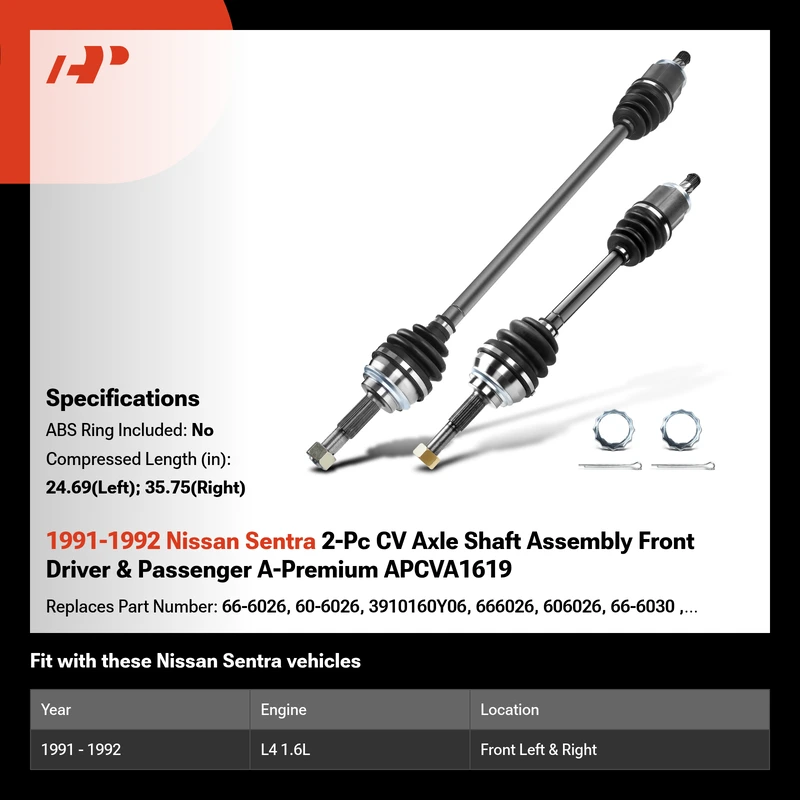 1991-1992 Nissan Sentra 2-Pc CV Axle Shaft Assembly Front Driver & Passenger A-Premium APCVA1619