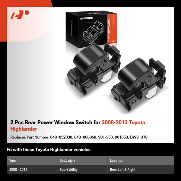 2 Pcs Rear Power Window Switch for 2008-2013 Toyota Highlander