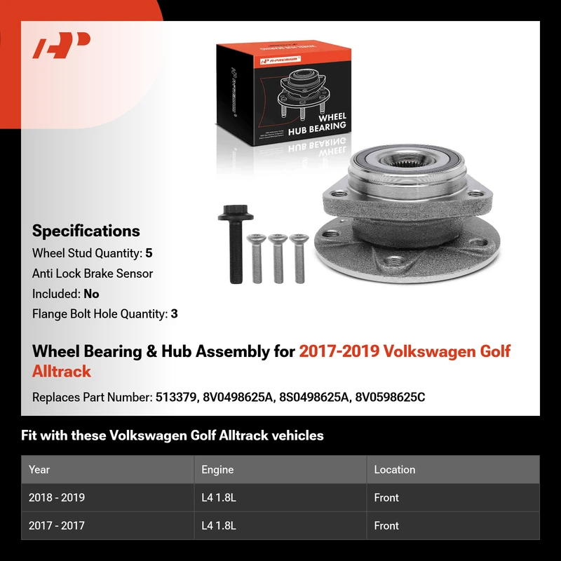 Wheel Bearing & Hub Assembly for 2017-2019 Volkswagen Golf Alltrack