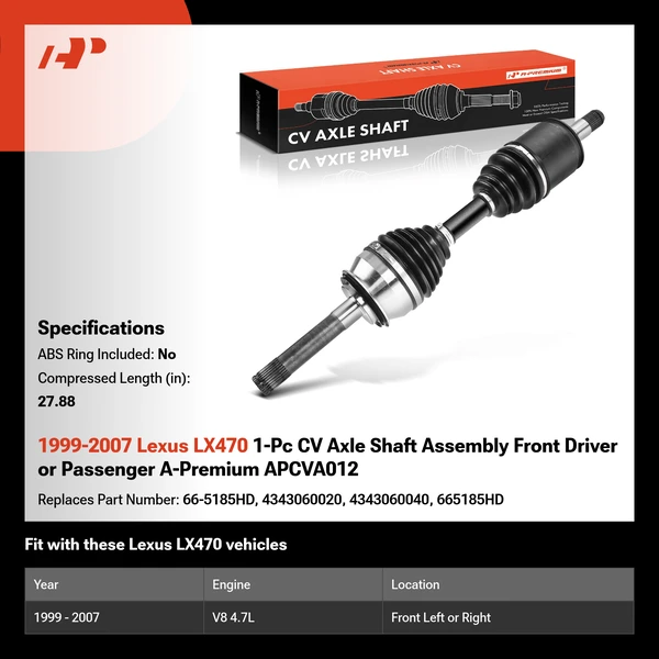 1999-2007 Lexus LX470 1-Pc CV Axle Shaft Assembly Front Driver or Passenger A-Premium APCVA012