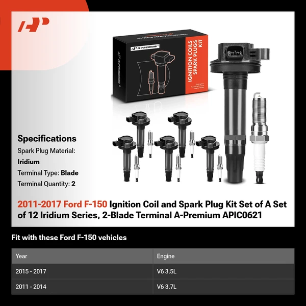 2011-2017 Ford F-150 Ignition Coil and Spark Plug Kit Set of A Set of 12 Iridium Series, 2-Blade Terminal A-Premium APIC0621