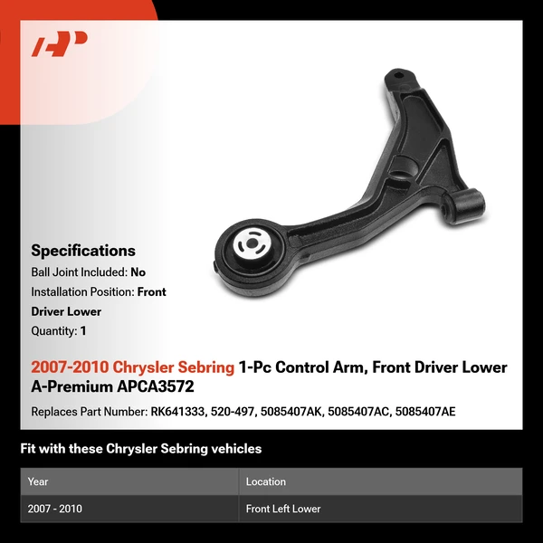2007-2010 Chrysler Sebring 1-Pc Control Arm, Front Driver Lower A-Premium APCA3572