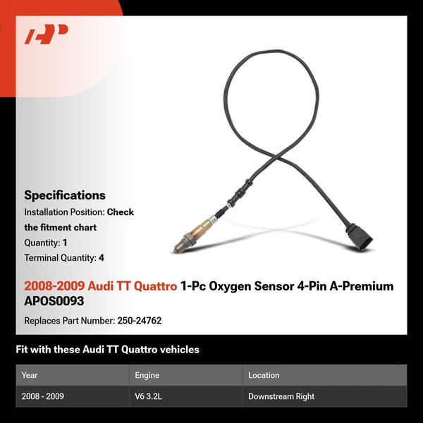 2008-2009 Audi TT Quattro 1-Pc Oxygen Sensor 4-Pin A-Premium APOS0093