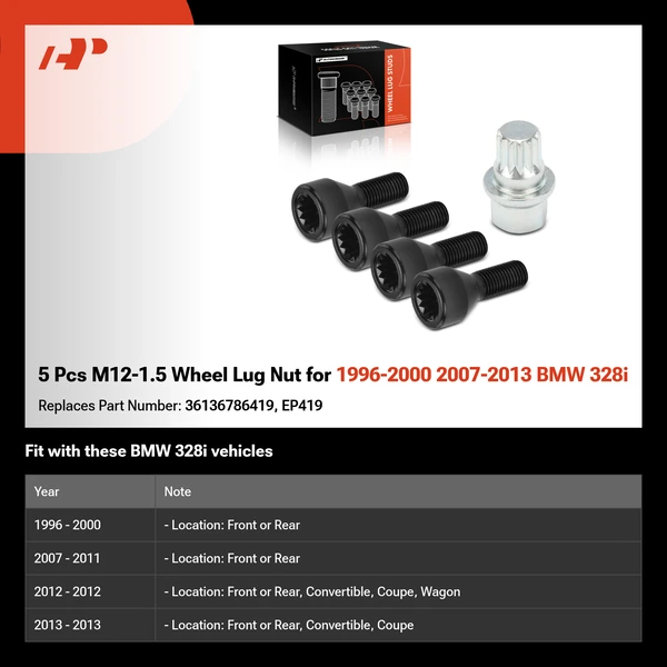 5 Pcs M12-1.5 Wheel Lug Nut for 1996-2000 2007-2013 BMW 328i