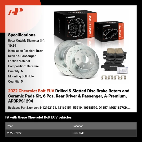 2022 Chevrolet Bolt EUV Drilled & Slotted Disc Brake Rotors and Ceramic Pads Kit, 6 Pcs, Rear Driver & Passenger, A-Premium, APBRPS1294