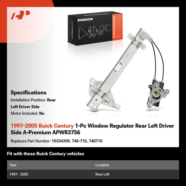 1997-2005 Buick Century 1-Pc Window Regulator Rear Left Driver Side A-Premium APWR3756