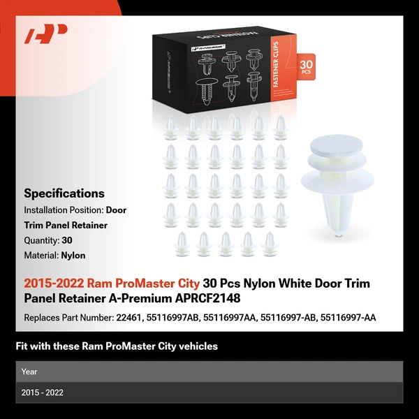 2015-2022 Ram ProMaster City 30 Pcs Nylon White Door Trim Panel Retainer A-Premium APRCF2148