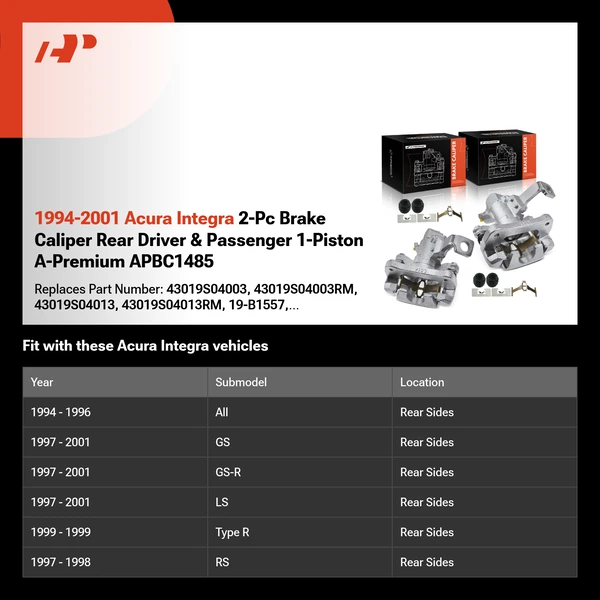 1994-2001 Acura Integra 2-Pc Brake Caliper Rear Driver & Passenger 1-Piston A-Premium APBC1485