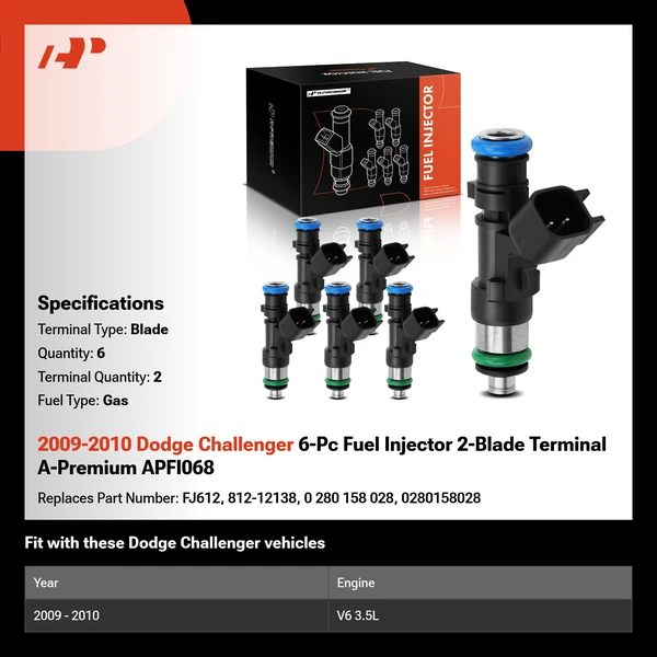 2009-2010 Dodge Challenger 6-Pc Fuel Injector 2-Blade Terminal A-Premium APFI068