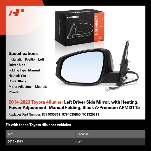 2014-2023 Toyota 4Runner Left Driver Side Mirror, with Heating, Power Adjustment, Manual Folding, Black A-Premium APMI3115