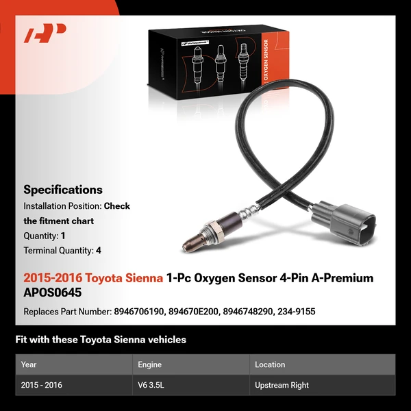 2015-2016 Toyota Sienna 1-Pc Oxygen Sensor 4-Pin A-Premium APOS0645
