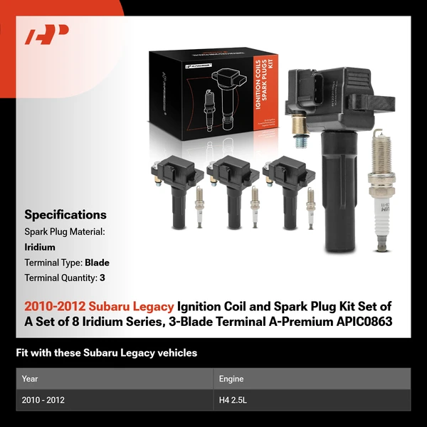 2010-2012 Subaru Legacy Ignition Coil and Spark Plug Kit Set of A Set of 8 Iridium Series, 3-Blade Terminal A-Premium APIC0863