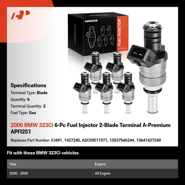 2000 BMW 323Ci 6-Pc Fuel Injector 2-Blade Terminal A-Premium APFI251