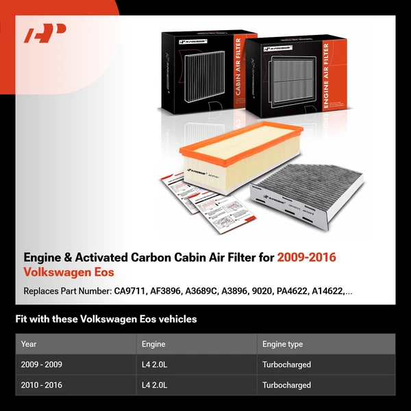 Engine & Activated Carbon Cabin Air Filter for 2009-2016 Volkswagen Eos