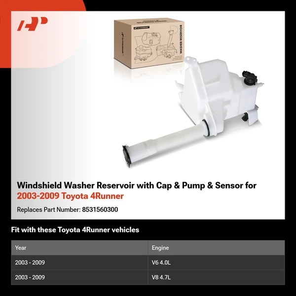 Windshield Washer Reservoir with Cap & Pump & Sensor for 2003-2009 Toyota 4Runner