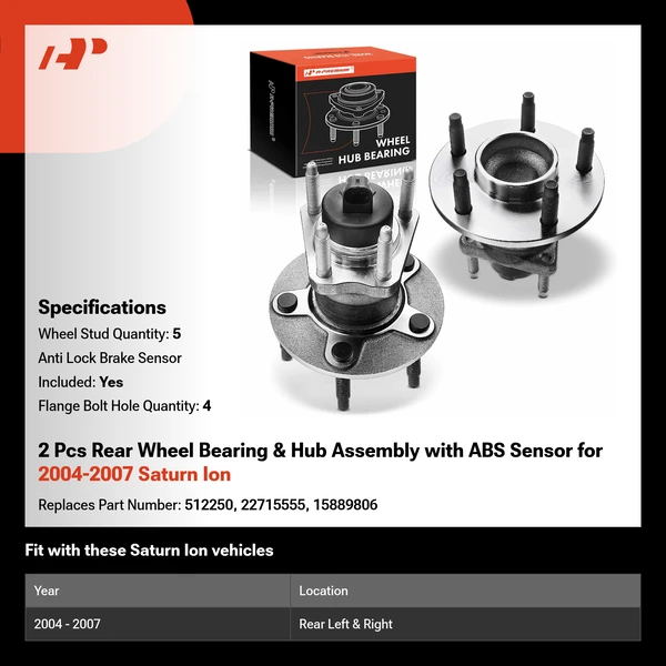 2 Pcs Rear Wheel Bearing & Hub Assembly with ABS Sensor for 2004-2007 Saturn Ion