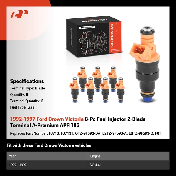 1992-1997 Ford Crown Victoria 8-Pc Fuel Injector 2-Blade Terminal A-Premium APFI185