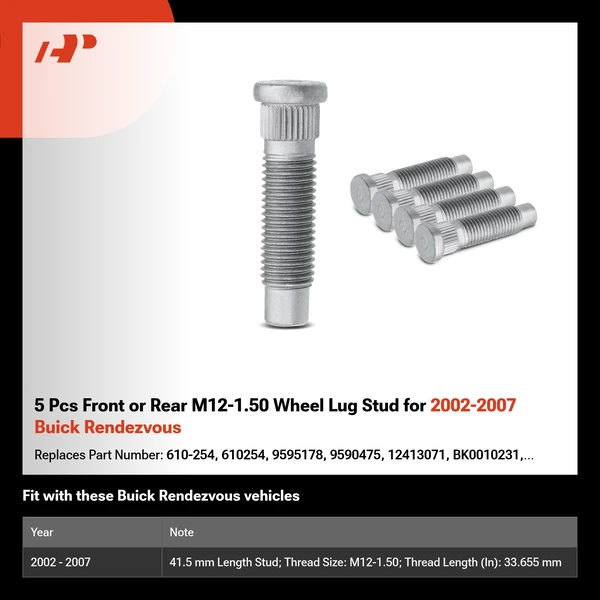 5 Pcs Front or Rear M12-1.50 Wheel Lug Stud for 2002-2007 Buick Rendezvous