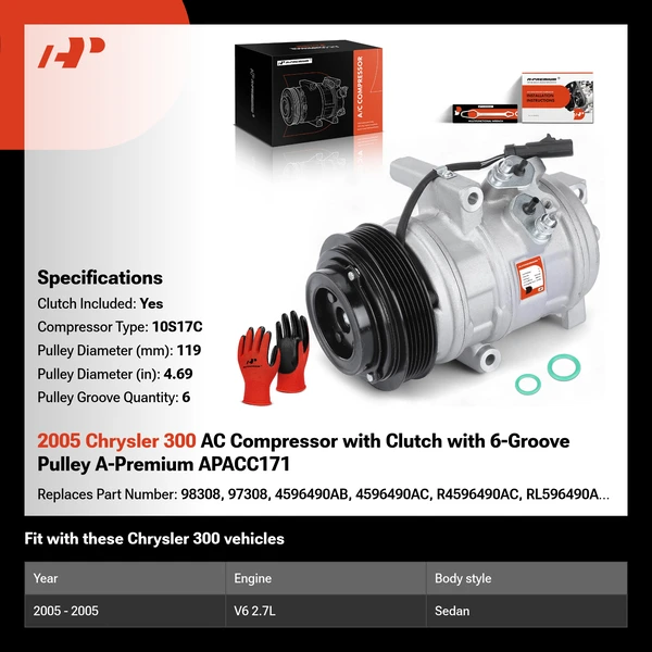 2005 Chrysler 300 AC Compressor with Clutch with 6-Groove Pulley A-Premium APACC171