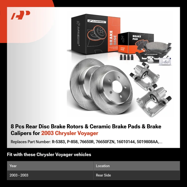 8 Pcs Rear Disc Brake Rotors & Ceramic Brake Pads & Brake Calipers for 2003 Chrysler Voyager