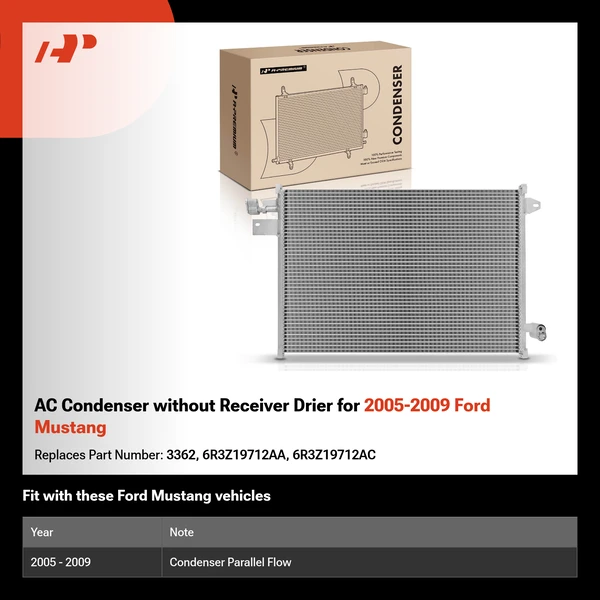 AC Condenser without Receiver Drier for 2005-2009 Ford Mustang