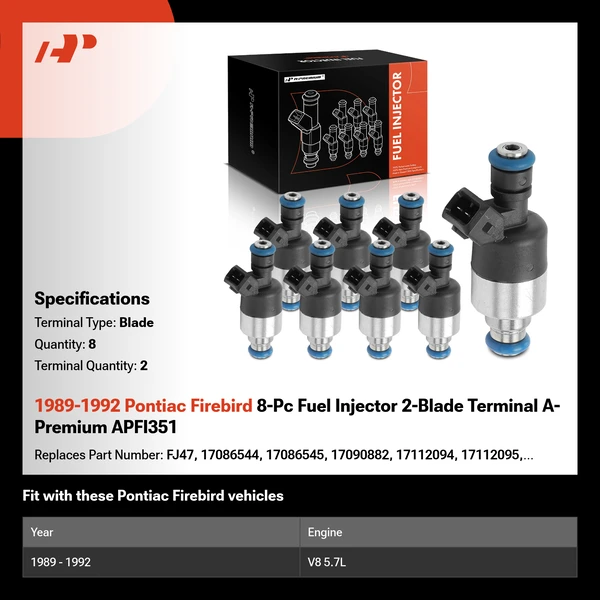 1989-1992 Pontiac Firebird 8-Pc Fuel Injector 2-Blade Terminal A-Premium APFI351