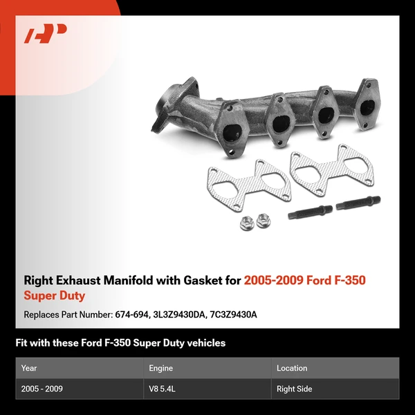 Right Exhaust Manifold with Gasket for 2005-2009 Ford F-350 Super Duty